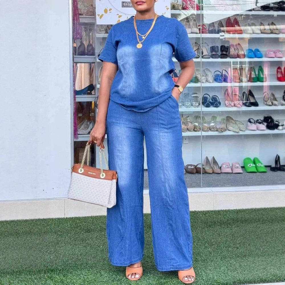 Fashionexport cross-border   new arrivalfashion washed blue loose short-sleeved denim women's suit trendy