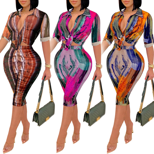 X6010   wish European and American new fashion casual printing V-neck short-sleeved trousers two-piece set for women