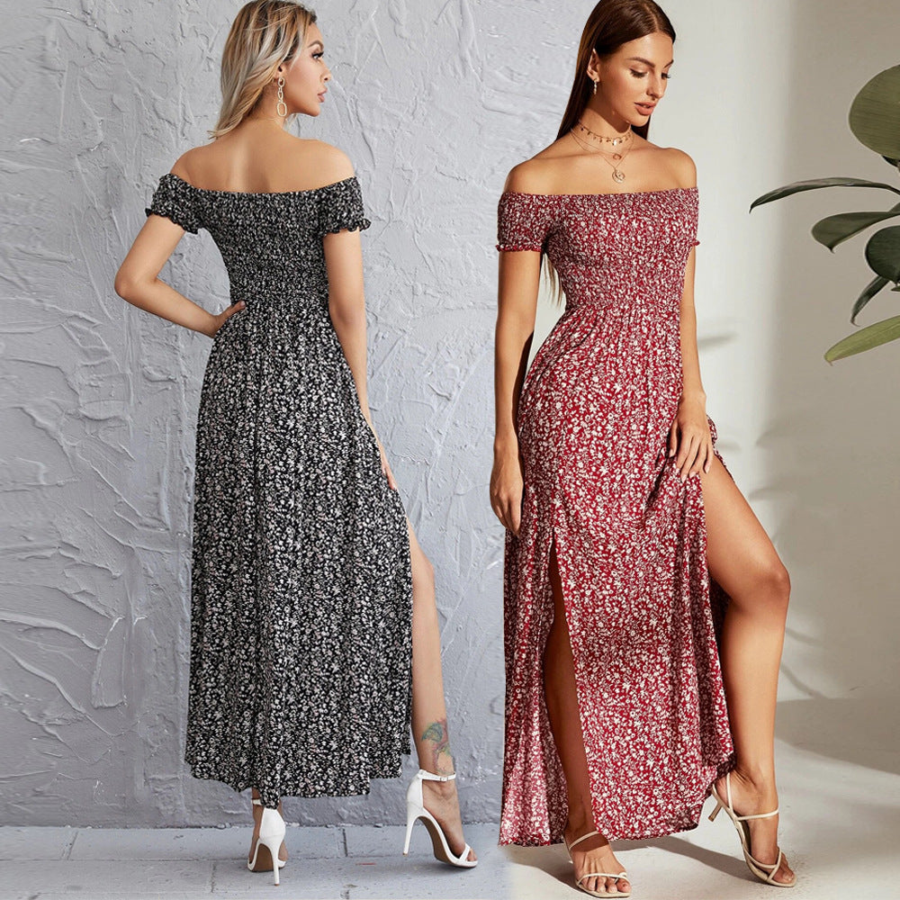 Elegant wind one-word neck dress elastic waist pullover floral long swinging tube top skirt women's fashion temperament