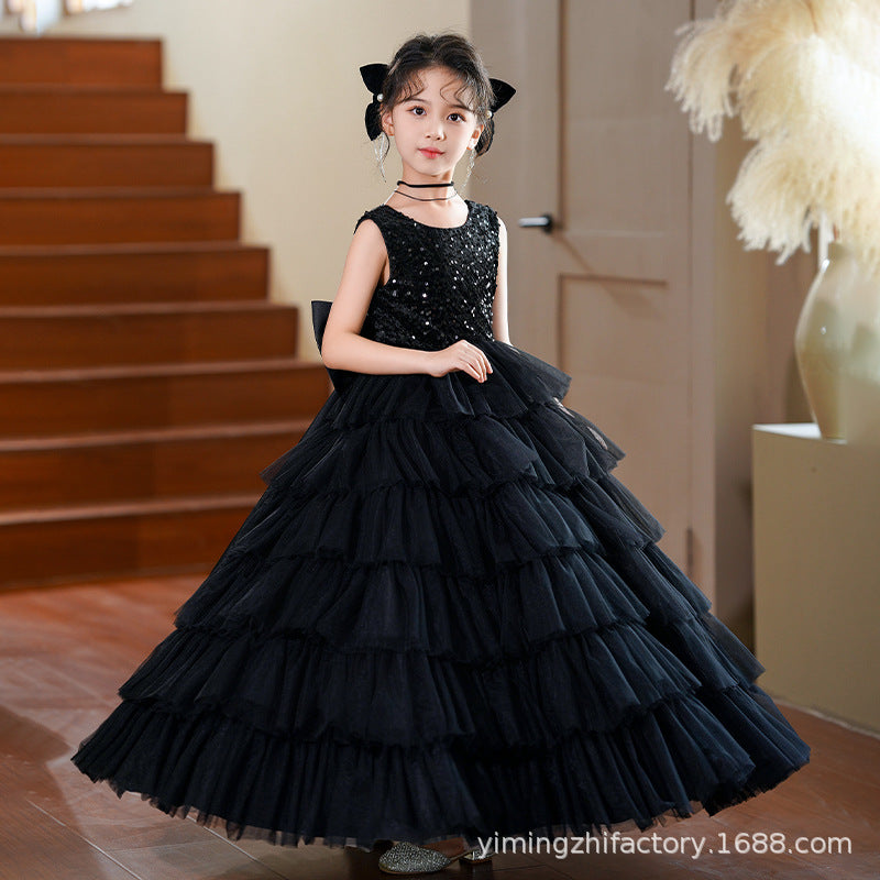 Hot-selling ready-to-ship girls' dresses: new european and american style, elegant tulle skirts, children's tiered dresses, high-end black halloween dresses