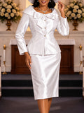 Autumn new solid color bodycon skirt set - cinched waist jacket with bow collar, elegant church banquet dress set