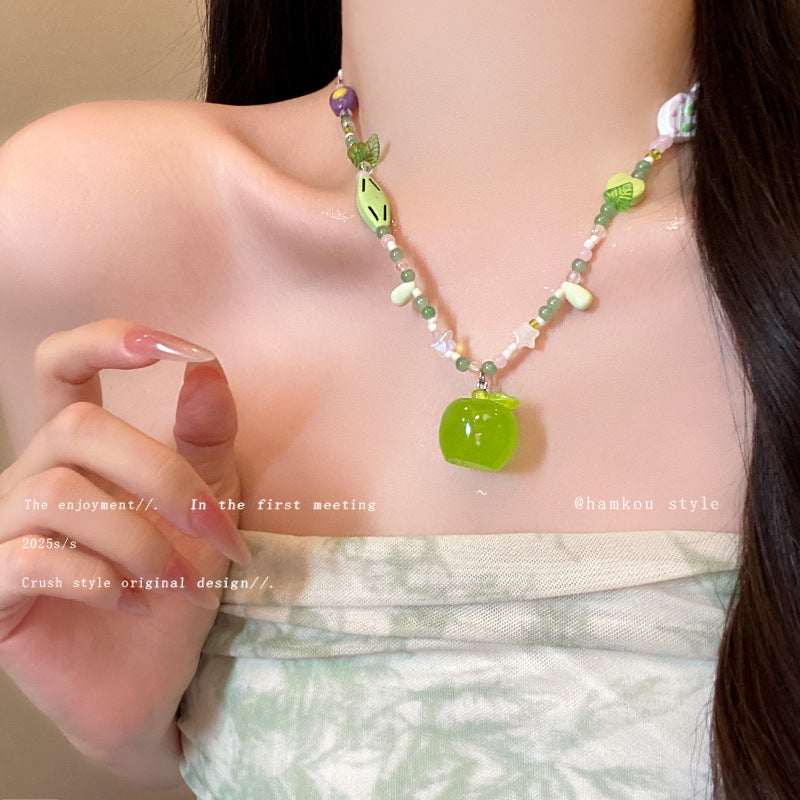 Summer fresh mint green green apple beaded necklace women's sweet forest girl style cute easiest for match clavicle chain