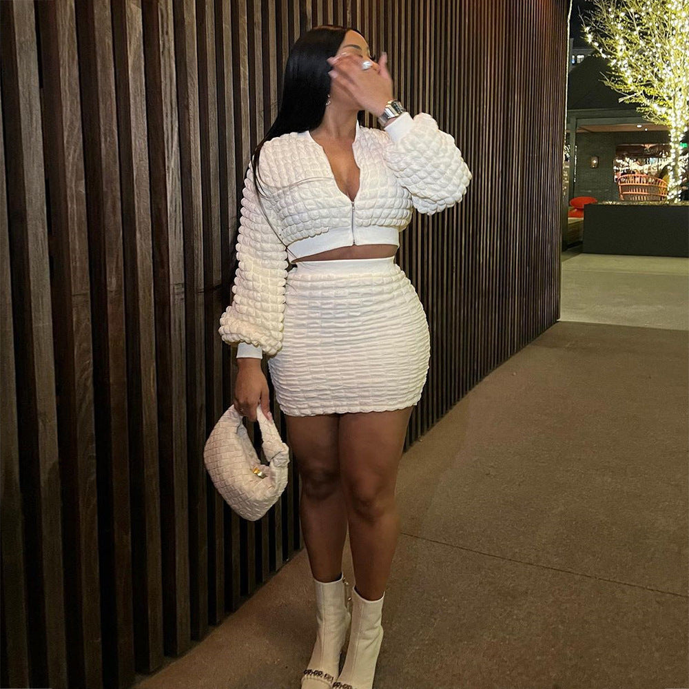 European and american cross-border women's clothing:  new fashion casual slim-fit bubble zipper top and bodycon skirt set