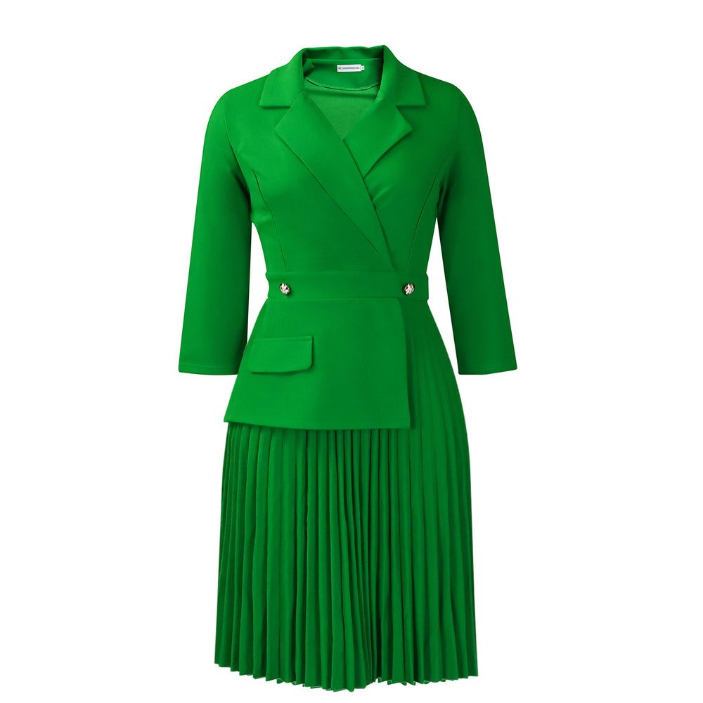 D543 women's foreign trade   autumn new fashion elegant blazer collar solid color pleated african dress