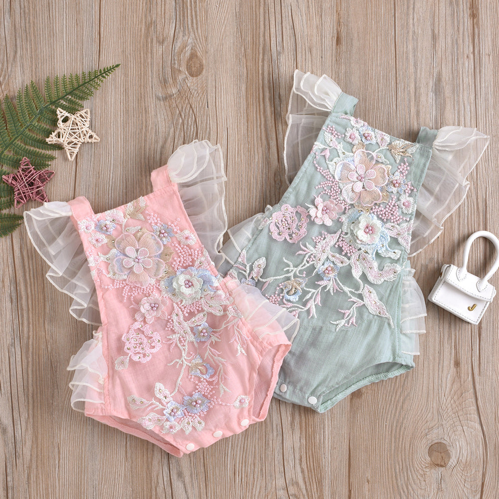 European and american cross-border e-commerce new arrival: girls' baby romper with mesh lace, beaded appliqué, and tie closure
