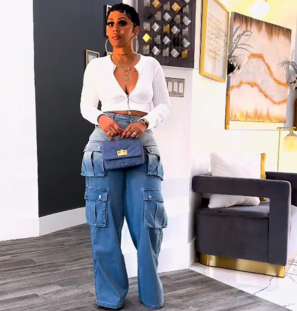 European and american style tie-dye jeans -  cross-border women's fashion high-waisted multi-pocket gradient wide-leg pants