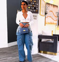 European and american style tie-dye jeans -  cross-border women's fashion high-waisted multi-pocket gradient wide-leg pants