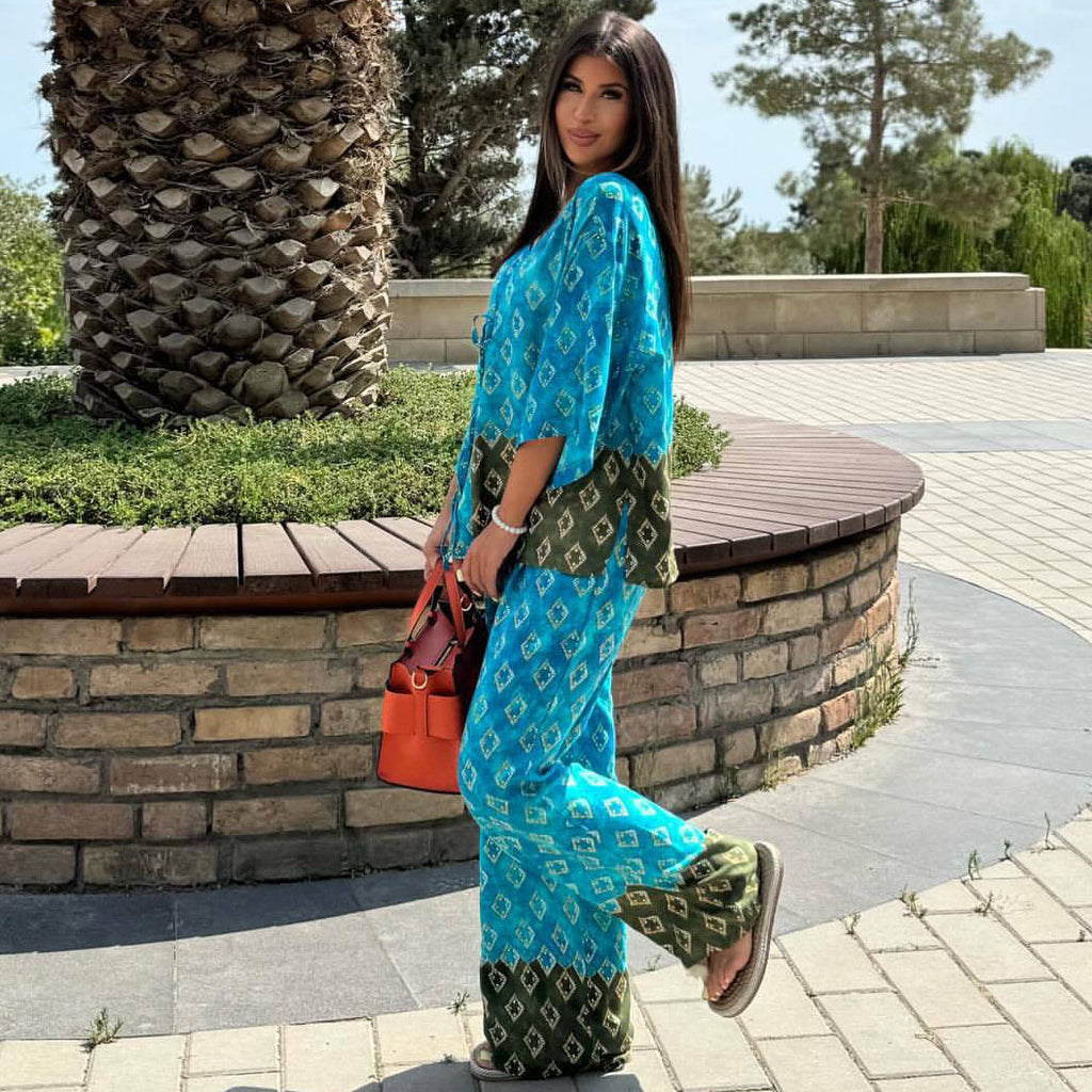 Cross-border European and American large-size fashion V-neck cardigan printed shirt  new casual wide-leg trousers two-piece set women