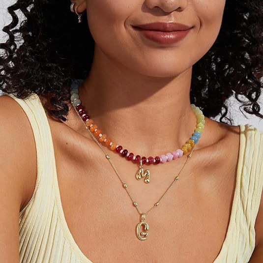 Girl's initial necklace, colorful beaded gemstone choker, gold bubble letter pendant necklace with natural stone for summer