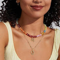 Girl's initial necklace, colorful beaded gemstone choker, gold bubble letter pendant necklace with natural stone for summer