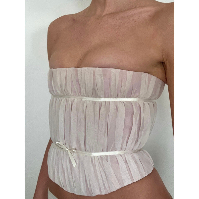 Amazon women's clothing  summer new arrival: off-the-shoulder bandeau ruched tie-waist sleeveless cropped tank top