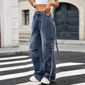 European and american cross-border e-commerce  autumn new arrival washed multi-pocket drawstring decorated wide-leg loose denim pants
