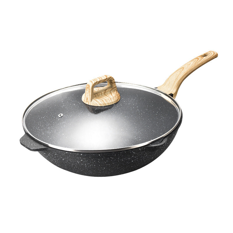 Stripes non-stick frying pan for home cooking pot multi-function gas stove neutral cooking pot wooden handle deep bottom pot
