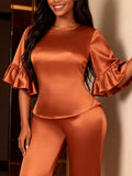 satin bell sleeves casualtwo-piece set elegantwork clothingpure color waist topsloose pantssuitpants