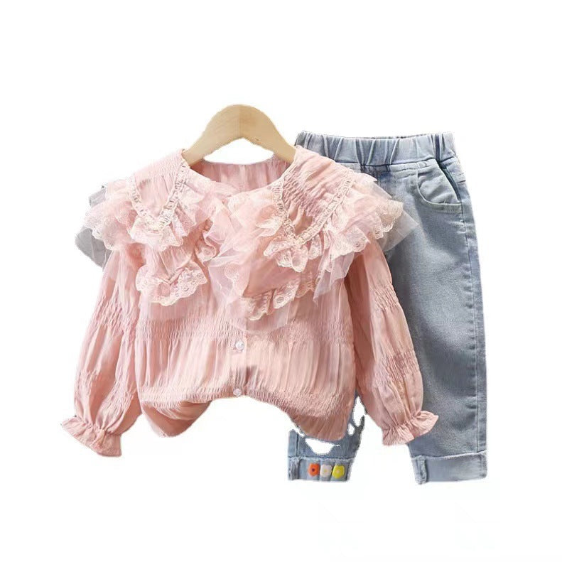 Spring outfit set  new stylish girls' baby fashionable toddler trendy denim spring two-piece set