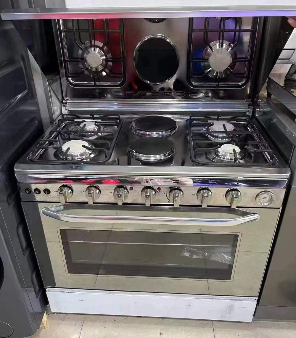 Four 4 gas two 2 electric burner stove with oven one-piece upright 900mm outlet 1 piece for sale