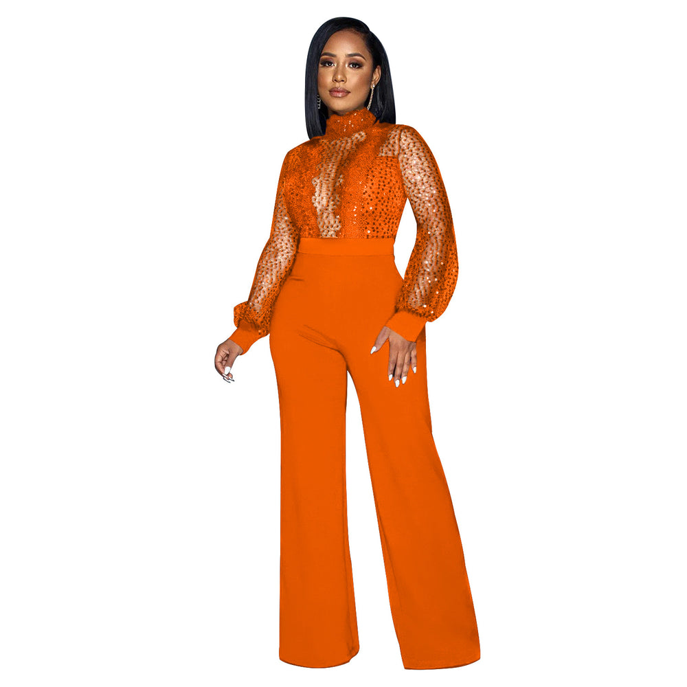X6053 cross-border   fashion women's hollow-out see-through long sleeve pants tie-up jumpsuit