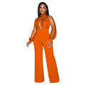 X6053 cross-border   fashion women's hollow-out see-through long sleeve pants tie-up jumpsuit