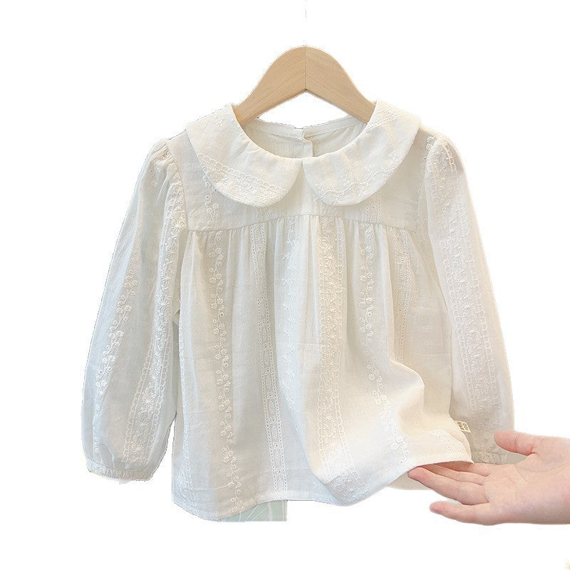 autumn new arrival: long-sleeved jacquard white blouse - stylish korean style baby undershirt with turn-down collar for girls