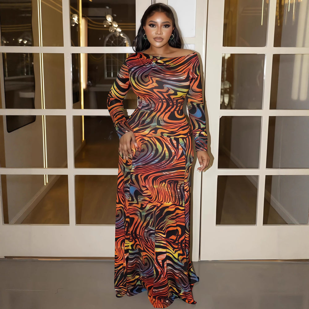 European and american cross-border women's fashion:  early winter new arrival - long sleeve crew neck printed waist-defining patchwork maxi dress