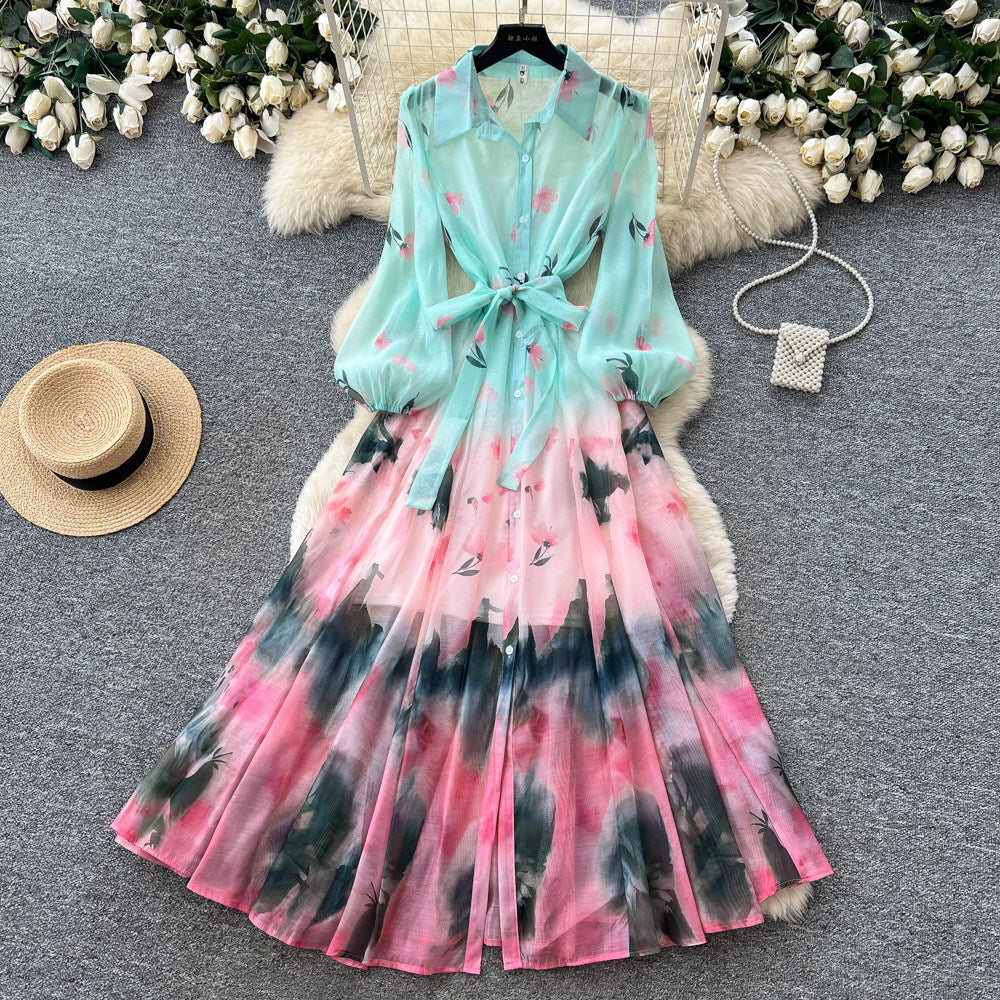 Gentle wind tie-dye gradient printingelegantdress women's autumlong sleeves waist a-line skirt vacation style work clothing skirt