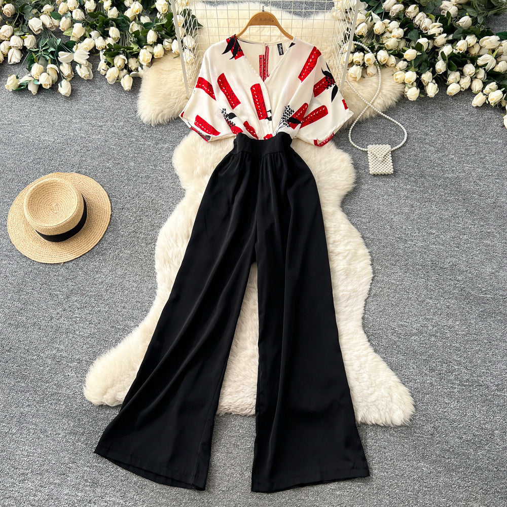 Korean style commute v-neck printed jumpsuit - women's summer high-waisted wide-leg slimming and flattering trousers