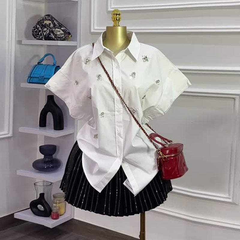 European and american women's clothing  autumn new arrival: refreshingly chic lapel shirt with rhinestone detail and batwing sleeves