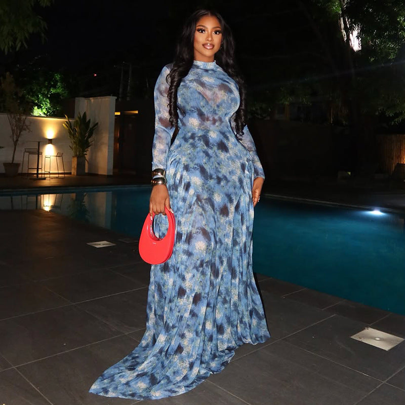 Fashion style insexportnew arrivalelegantprinting women's waist slimming look a-line skirt high collarprintinglongdress