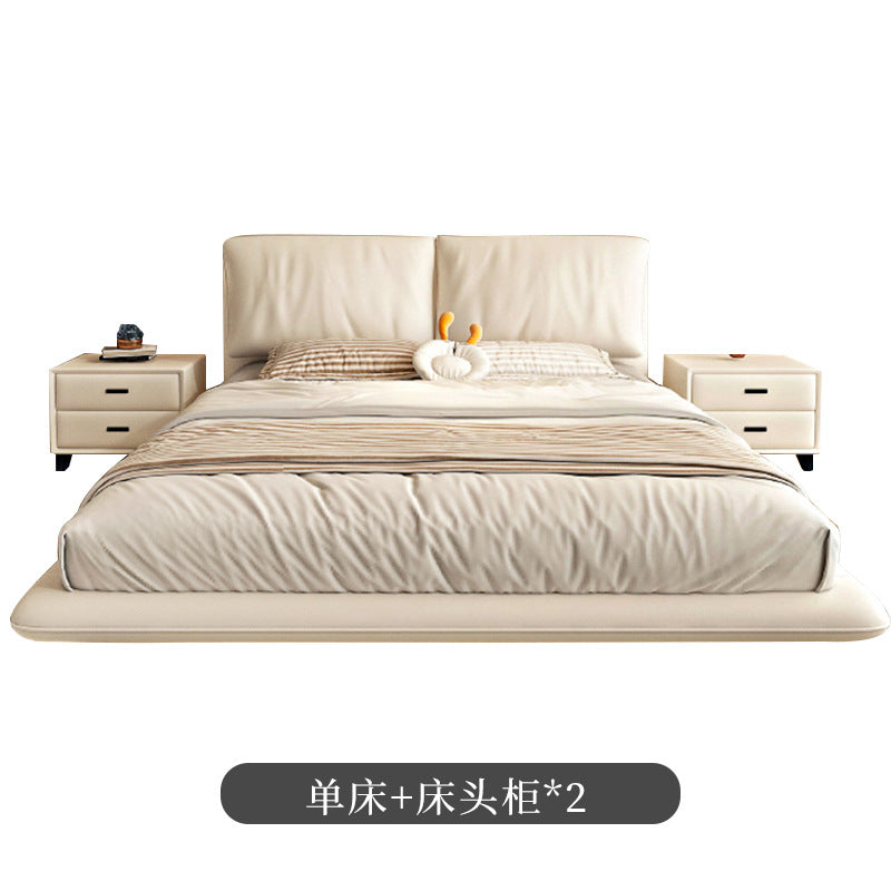 Italian minimalist floating bed - modern cream style with elephant ear design, suspended nappa leather double bed for master bedroom