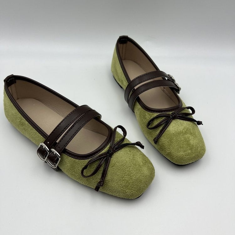 Export autumnew arrival square toe one-piece buckle flat heel shoes cross-border large size bows women's single shoes wholesale