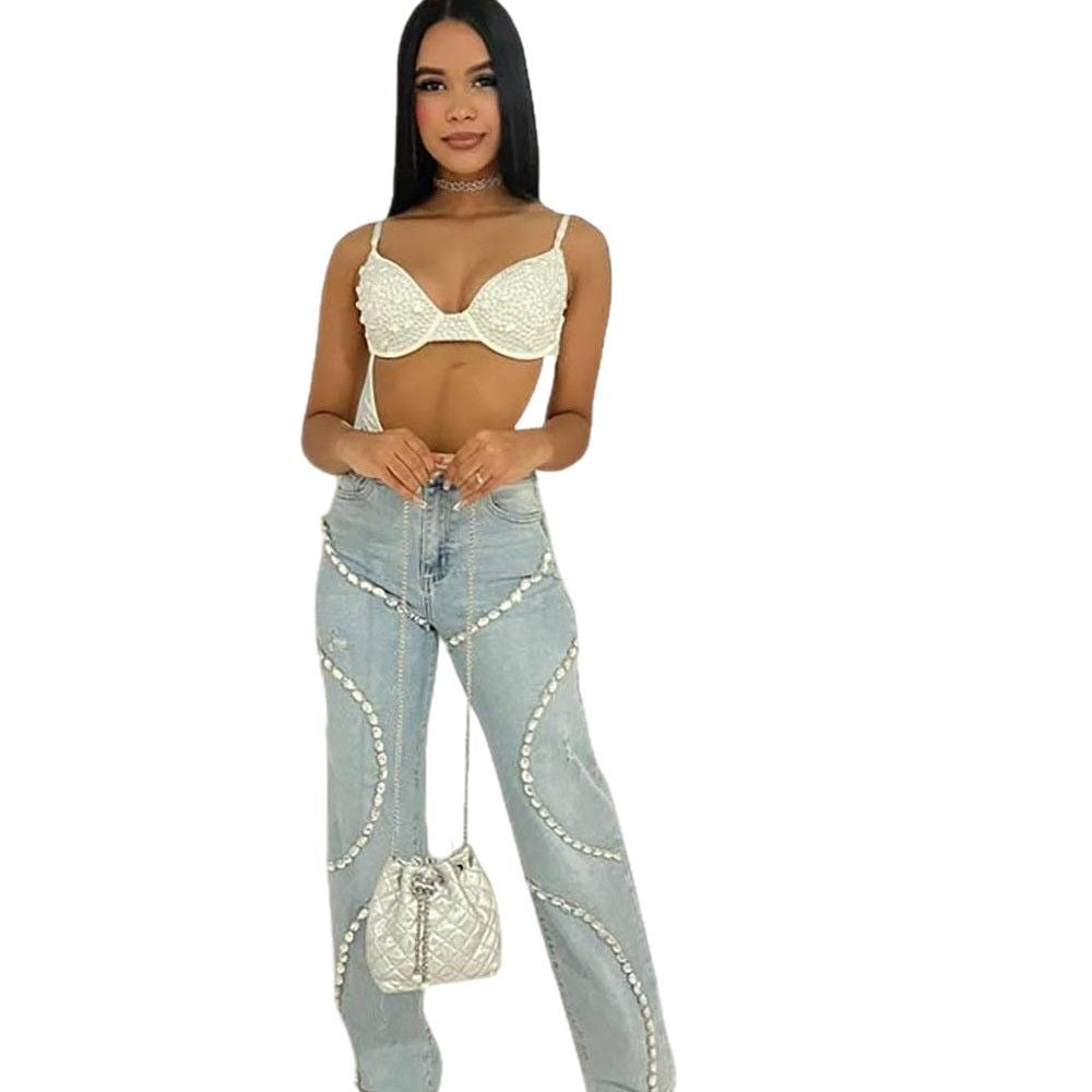 European and american style women's casual jeans -  cross-border fashion new trendy rhinestone patchwork straight-leg jeans