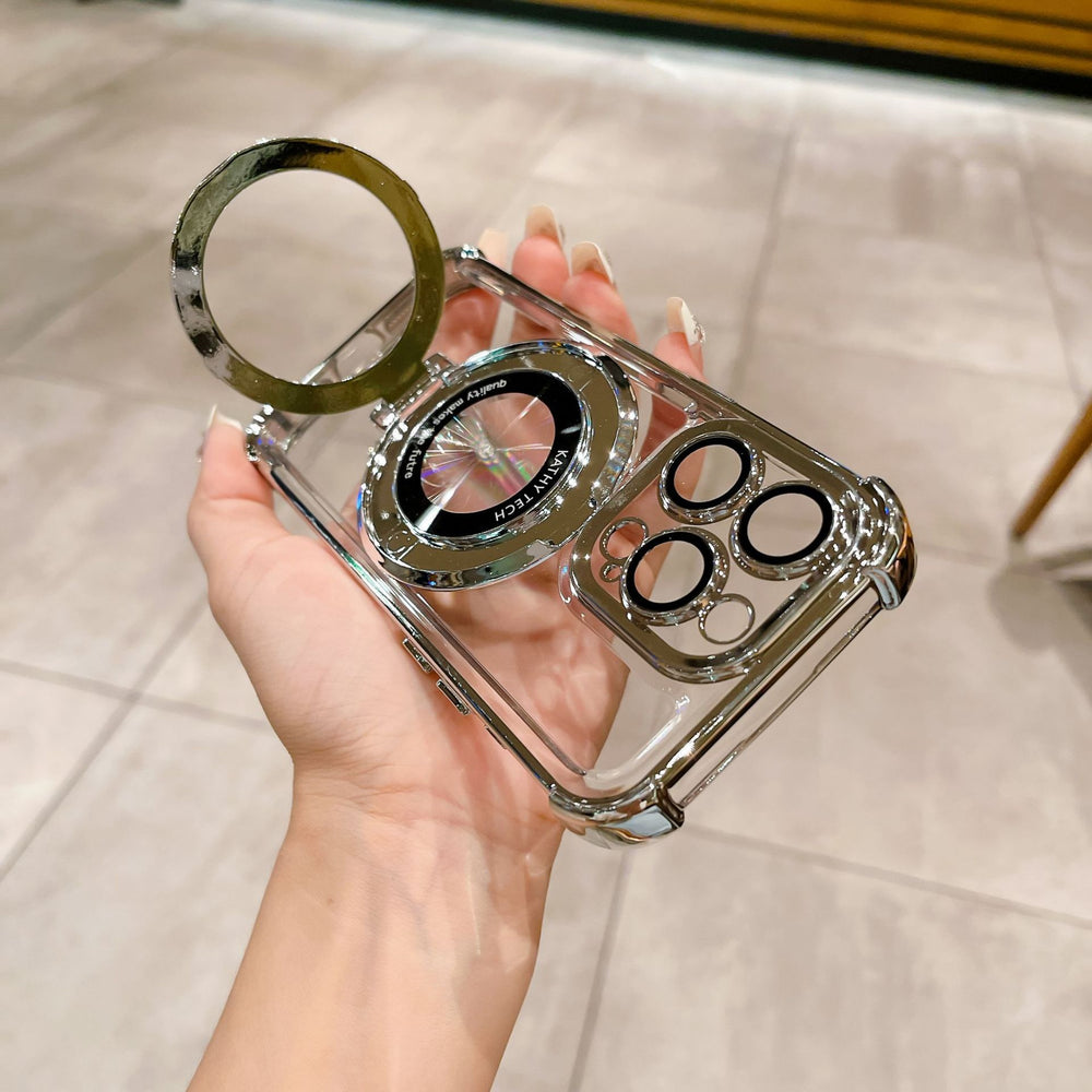 Magnetic magnifying glass stand compatible iphone 17 pro case, apple 16 glitter four-corner airbag shockproof cover