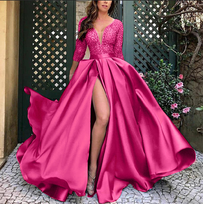 new european and american style women's foreign trade independent website lace sequin flared sexy long dress with train for banquet evening gowns