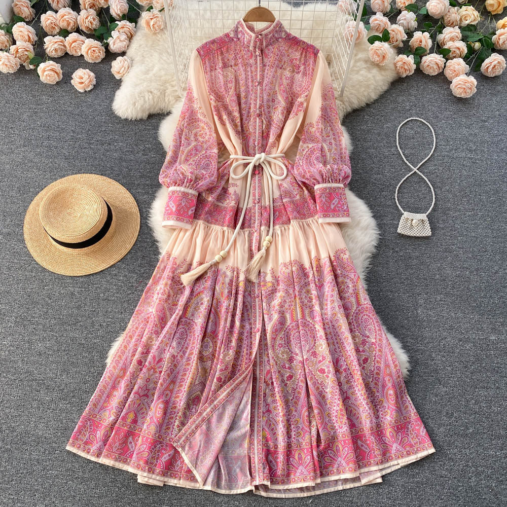 early spring new design: unique stand collar lantern sleeve printed dress - loose fit, slimming, flowy maxi dress