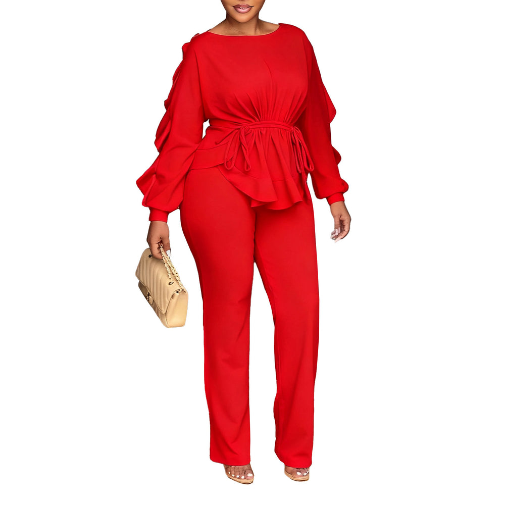 D3345exportfashionelegance winter elastic ruffles drawstring long sleeves waist tops pants cross-border two-piece set