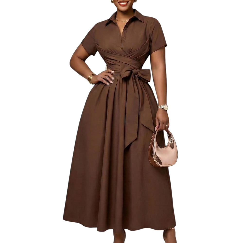 C8662  european and american women's clothing  summer new arrival: collared short-sleeve tie-waist solid color export dress