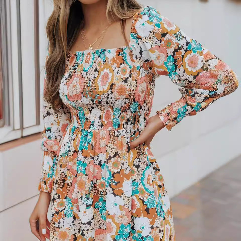 European and american cross-border chic women's clothing:  autumn new collection - square neck, long sleeve, printed, waist-cinching, slim-fit midi dress