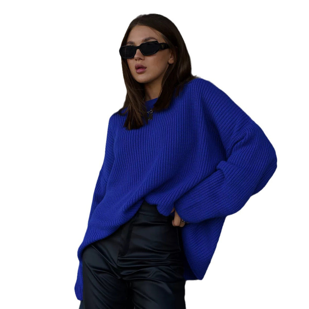 Cross-border solid color crew neck sweater 2024 European and American spring and autumn loose knitted sweater Ins  pullover women