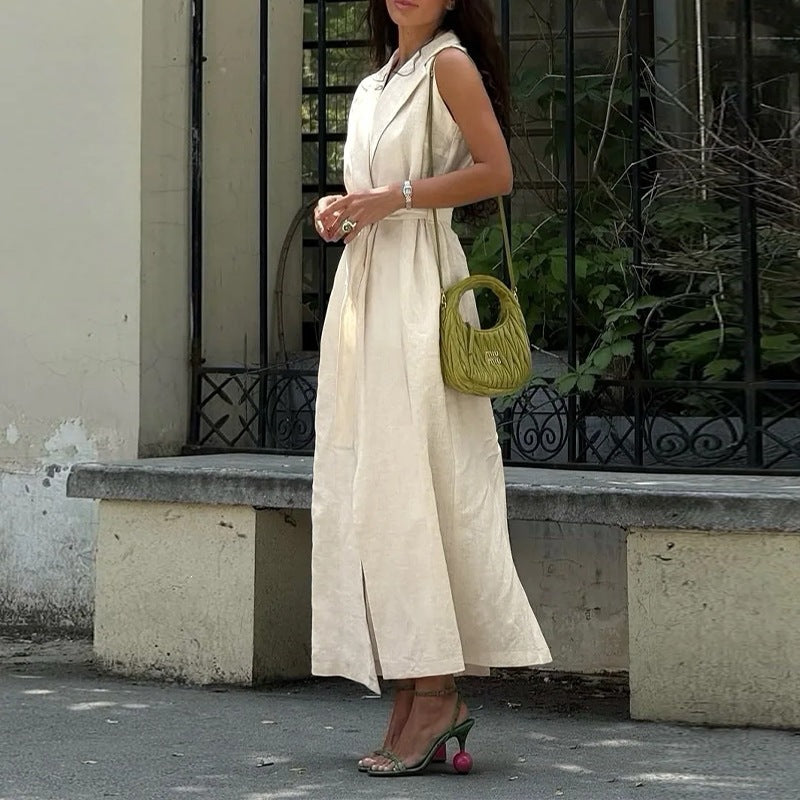 women's summer new arrivals:  cross-border fashion, european & american style, elegant commute solid color sleeveless slit dress