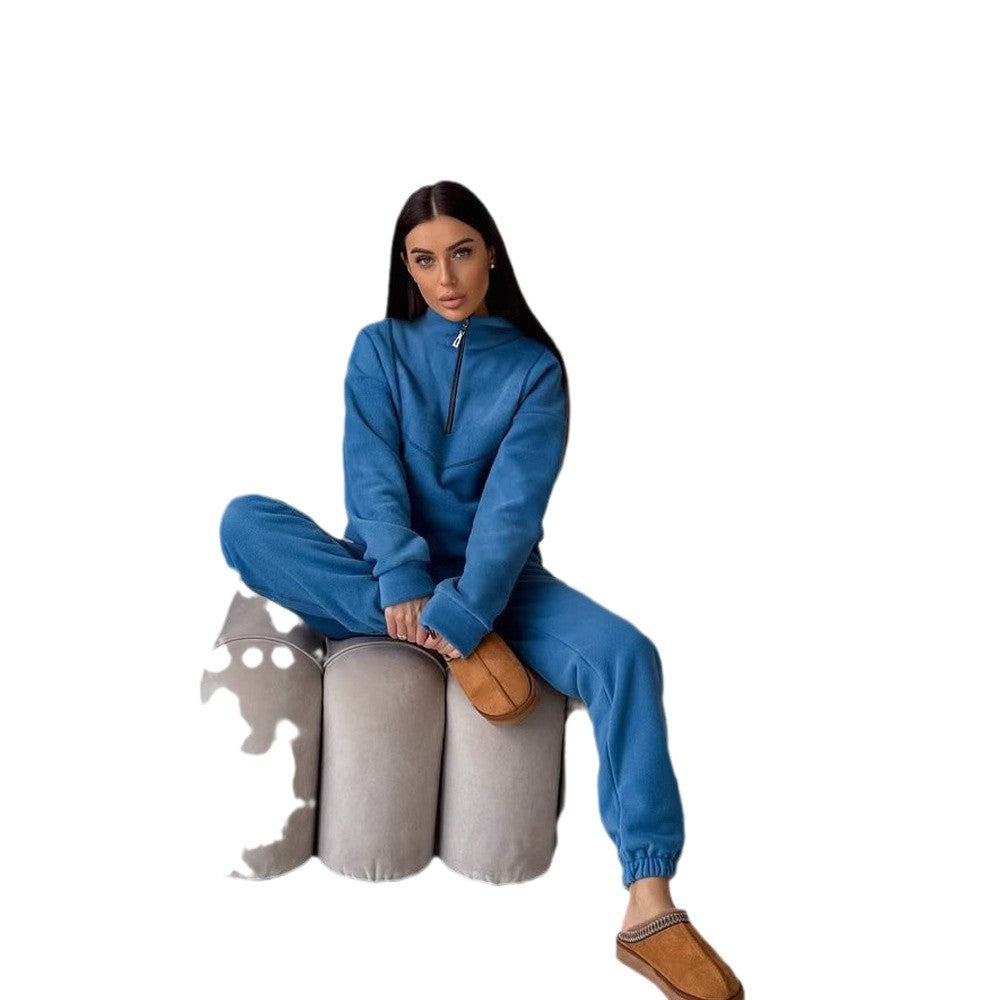 European and American  fashion sweater set women's zipper semi-cardigan jumper trousers two-piece set sports suit women