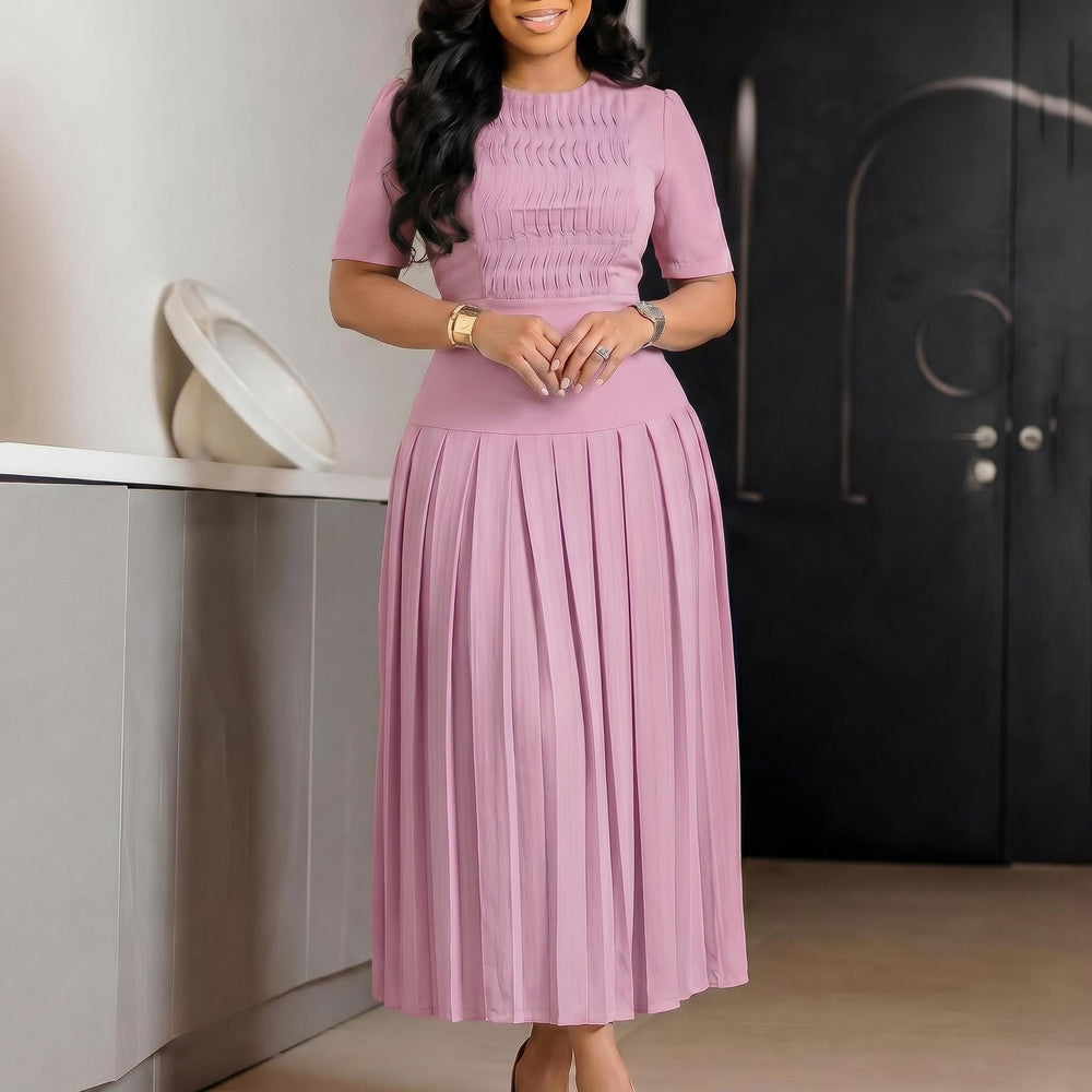 C8666  foreign trade women's fashion european and american  new pleated round neck patchwork crinkle cross-border dress