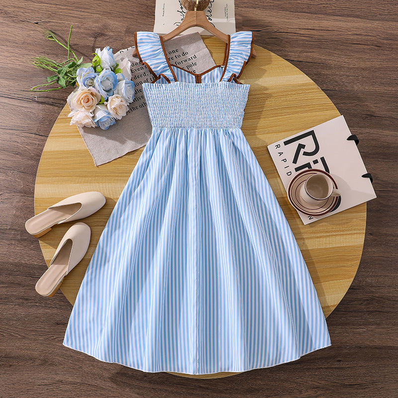 hot-selling children's clothing 26 spring and summer new arrivalfashionretrostripes suspender backless waist large swing girldress