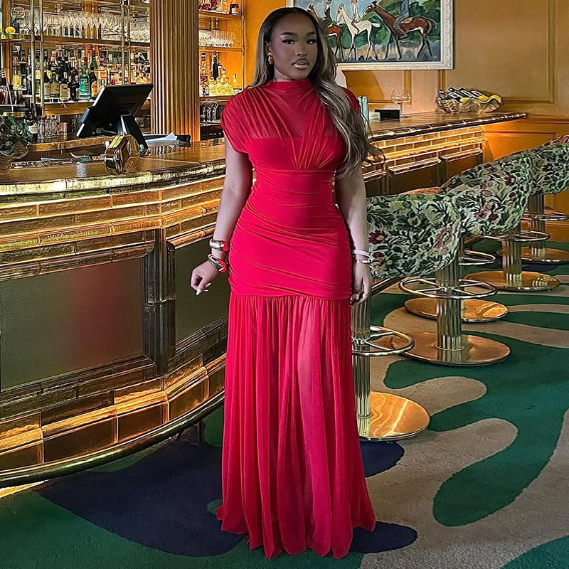 European and American  women's clothing 2025 summer new temperament semi-turtleneck slim and thin splicing long red dress