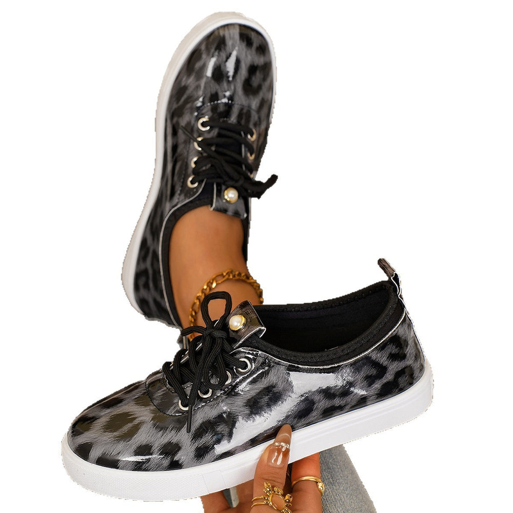 Export cross-border plus sizenew arrival leopard print thick sole sneakers women's waterproofnon-slip sports casual shoes tie backflats