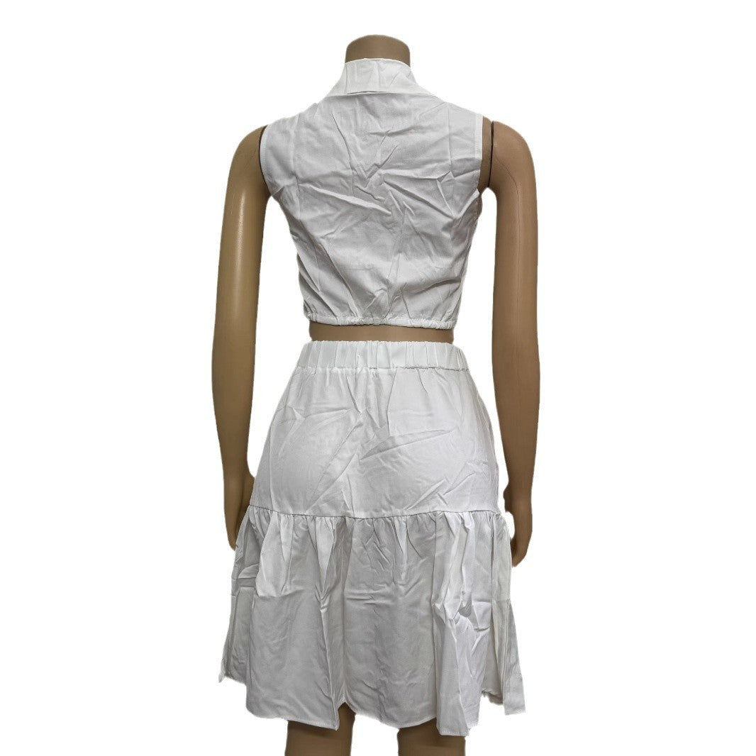 European and American new two-piece set, lapel sleeveless cardigan, open button lace-up top, A-word short skirt set