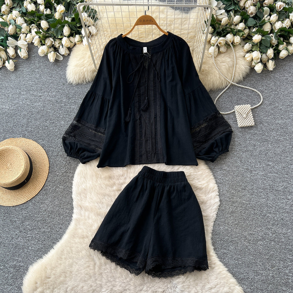 Gentle wind yellow cut outlacetwo-piece set female autumtie back lantern sleeve topssuit relaxed sense outfit