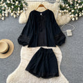 Gentle wind yellow cut outlacetwo-piece set female autumtie back lantern sleeve topssuit relaxed sense outfit