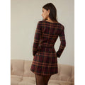 Women's autumn/winter fashionable and elegant round neck plaid long sleeve short dress - perfect for dates (belt not included)