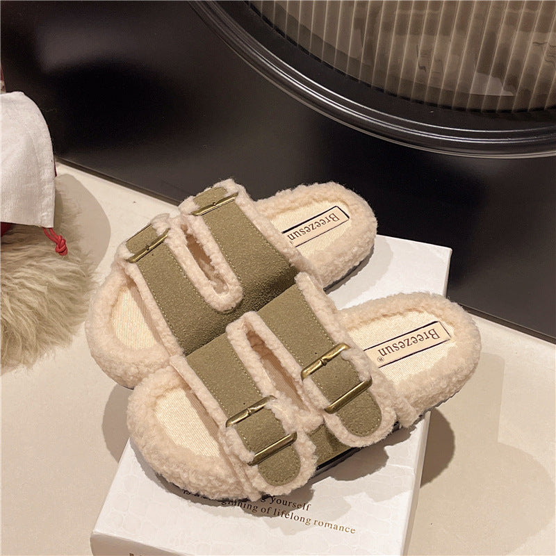 Winter warm lamb wool thick sole furry slippers women's outwear 2024autumnew arrival one strap fleece-lined cotton slippers