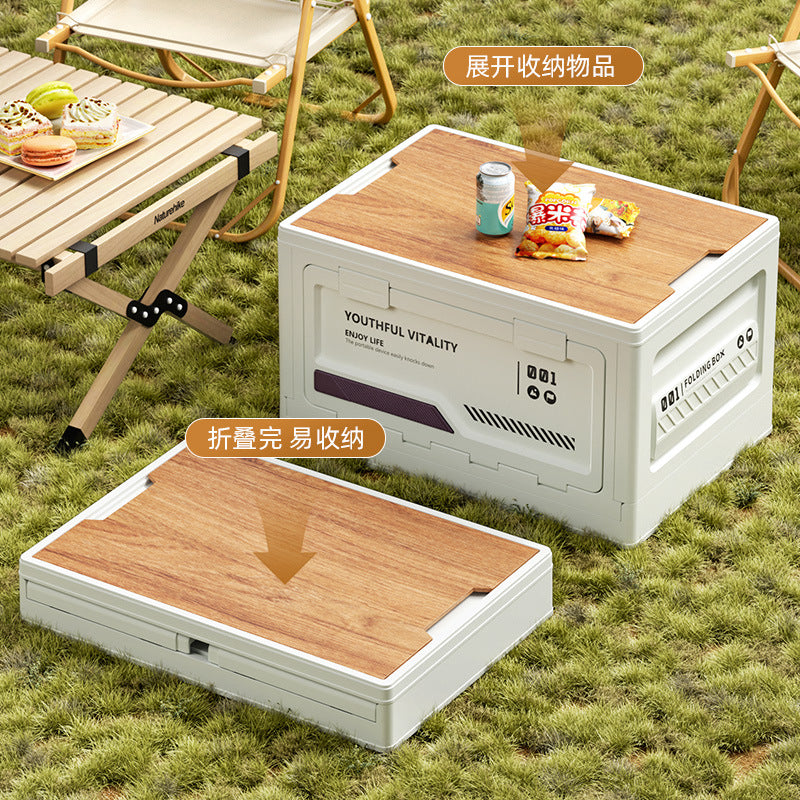 Collapsible storage box for outdoor camping, car trunk, and multi-purpose use - wooden lid organizer